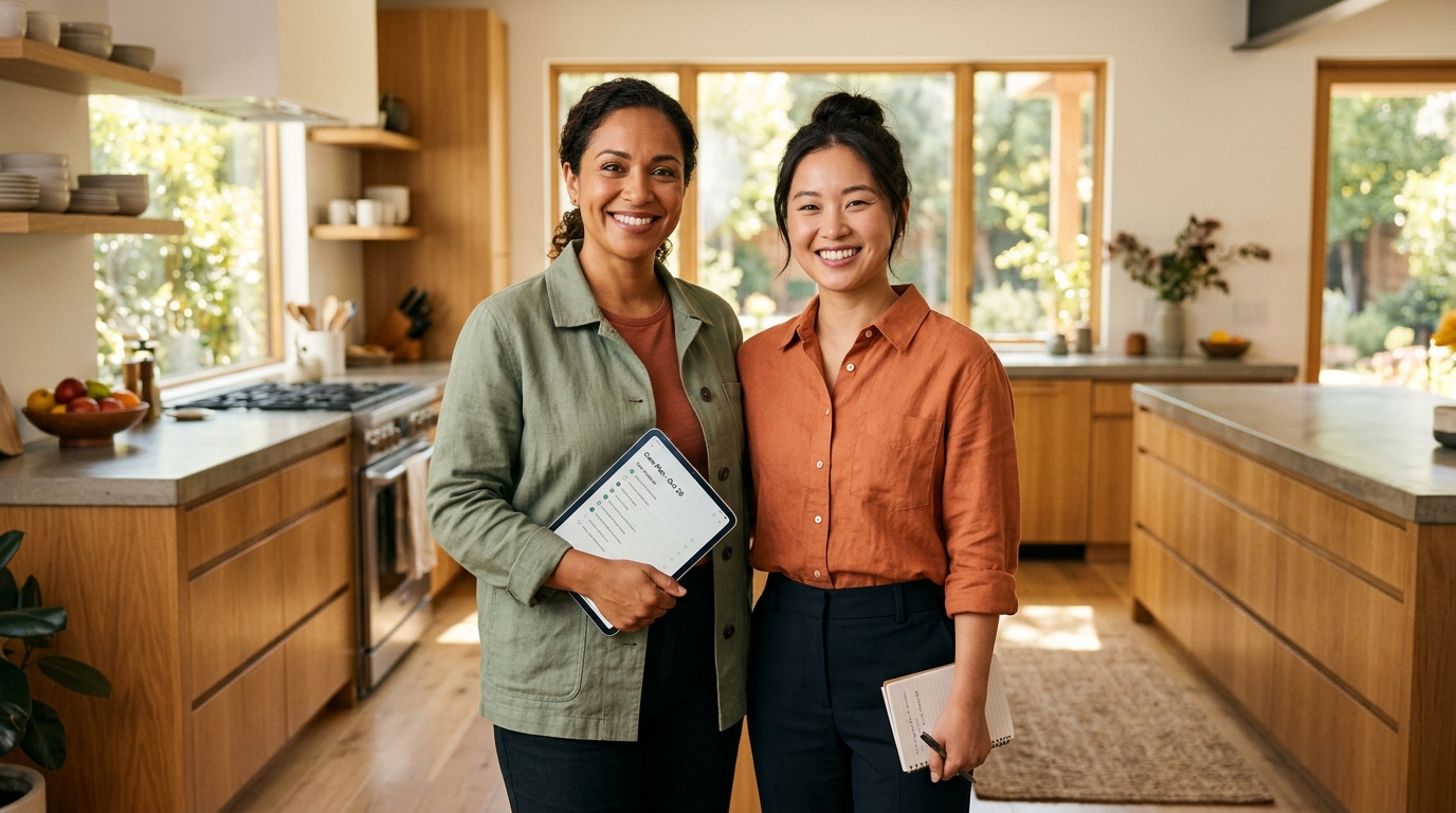Two smiling professional bilingual caregivers in a bright kitchen reviewing a household care checklist together. Illustrative image.