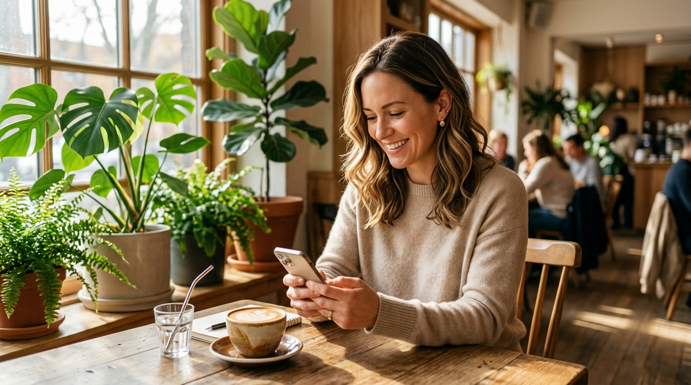 Adult daughter smiling with relief at a sunlit table while checking her phone for translated updates from her mother's Care Pod. Illustrative image.