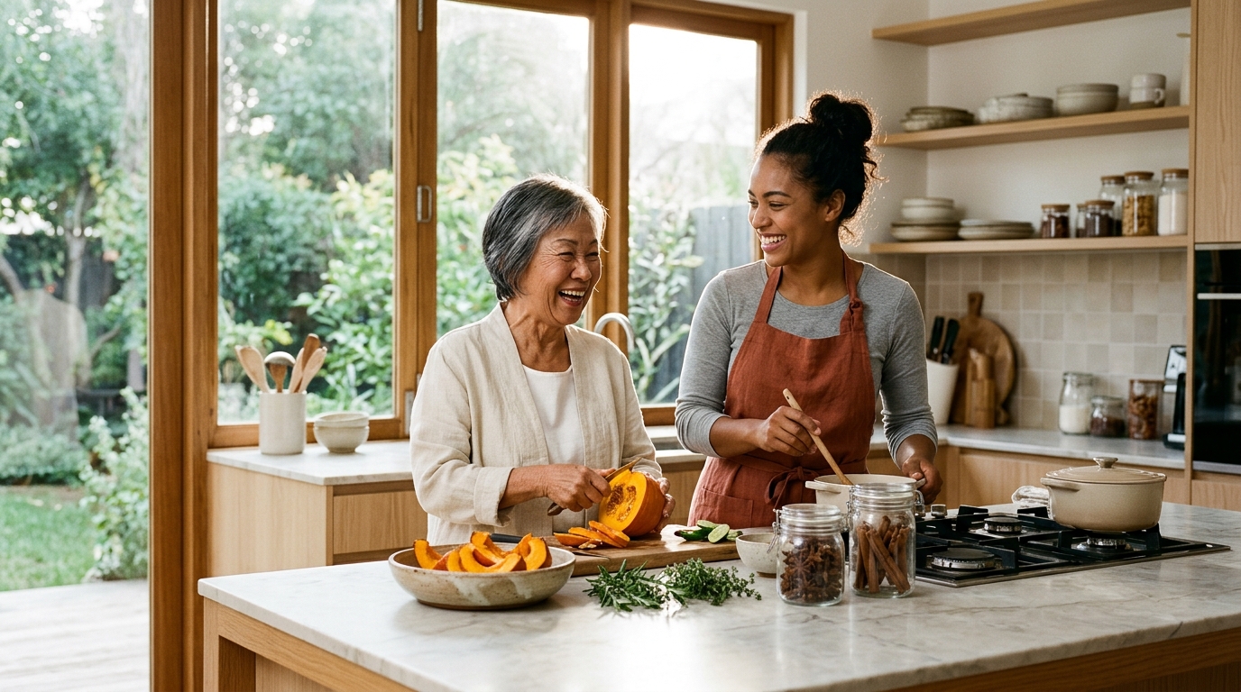 Vietnamese-American grandmother and her dedicated caregiver smiling while preparing fresh herbs and pumpkin soup together in a sunlit kitchen. Illustrative image.