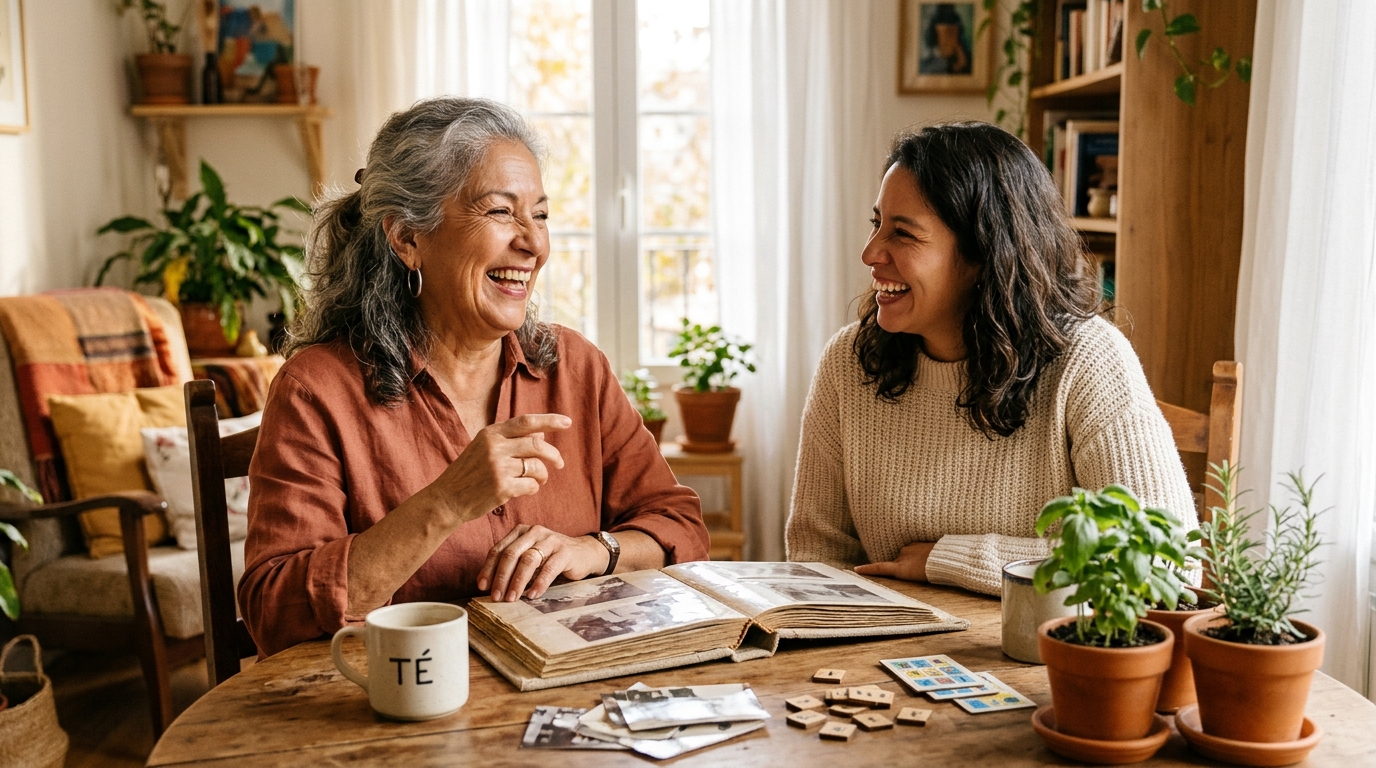 Older Latina grandmother and her caregiver laughing together over a photo album, wooden game tiles, and potted herbs at a sunlit table. Illustrative image.