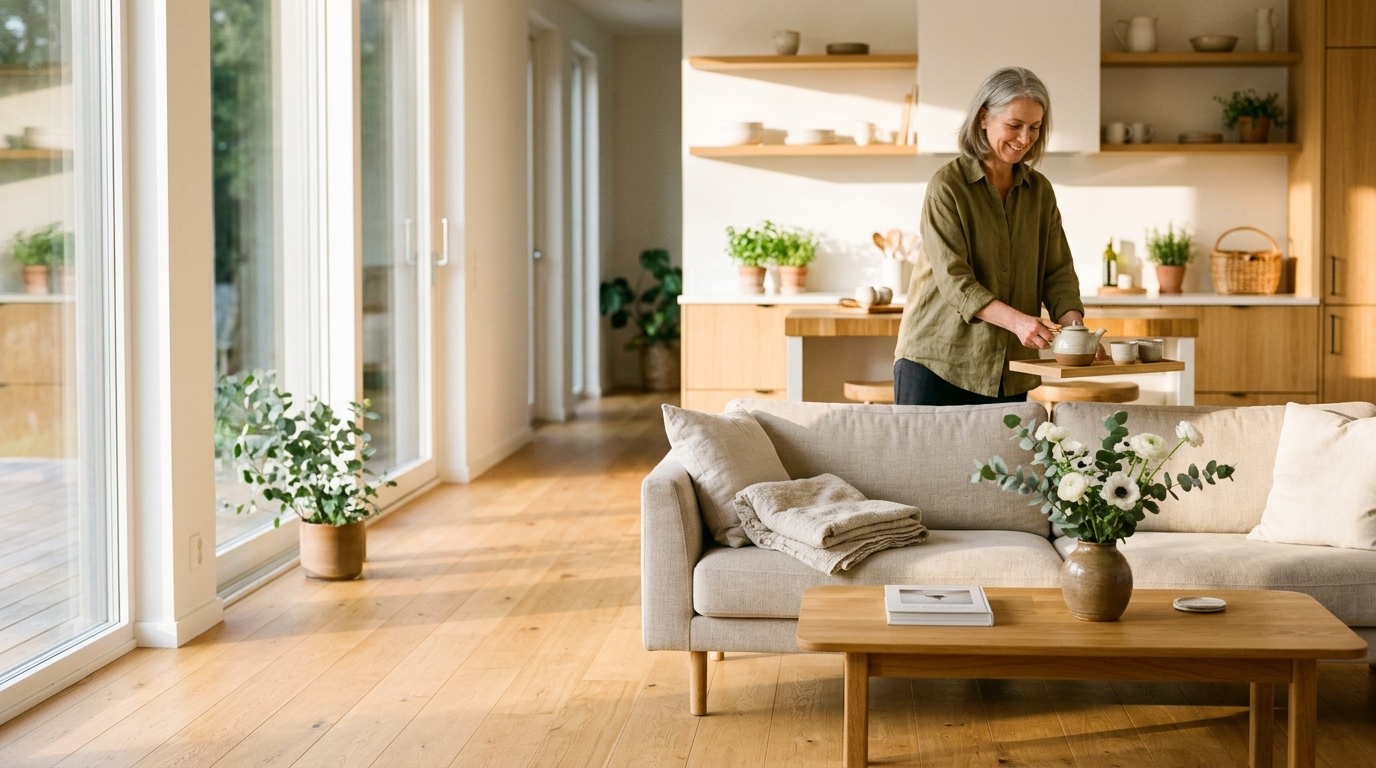 Spotless sun-drenched living room and kitchen with gleaming hardwood floors, folded linen throw, fresh flowers, and caregiver placing a warm teapot tray. Illustrative image.
