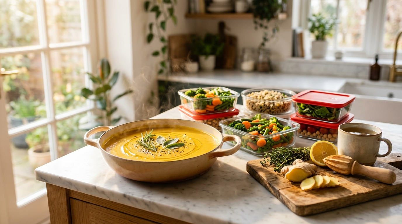 Freshly cooked low-sodium pumpkin herb soup, red-lid Pyrex glass meal-prep containers with vegetables, sliced ginger, and warm tea. Illustrative image.