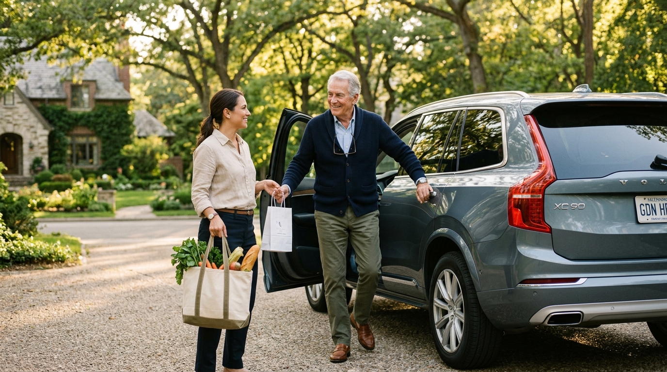 Caregiver assisting a smiling older gentleman with his market tote bag as he steps out of a clean SUV in a sunny driveway. Illustrative image.