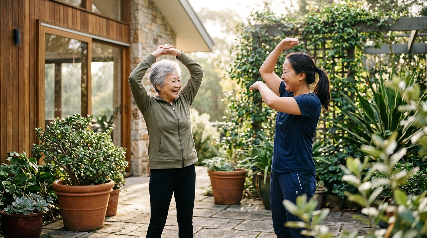 Older Asian grandmother and her caregiver doing gentle morning stretching together on a sunny garden patio. Illustrative image.