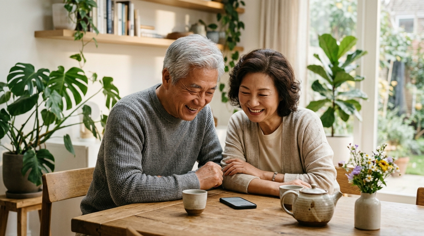 Older couple smiling warmly at a sunlit dining table with tea and flowers while listening to a family voice note. Illustrative image.